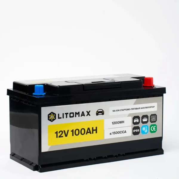 Натриевый аккумулятор стартово/тяговый LITOMAX Na+ 12V 100Ah 1500CCA R+ IP68 вид сбоку