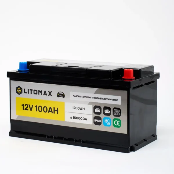 Натриевый аккумулятор стартово/тяговый LITOMAX Na+ 12V 100Ah 1500CCA R+ вид сбоку
