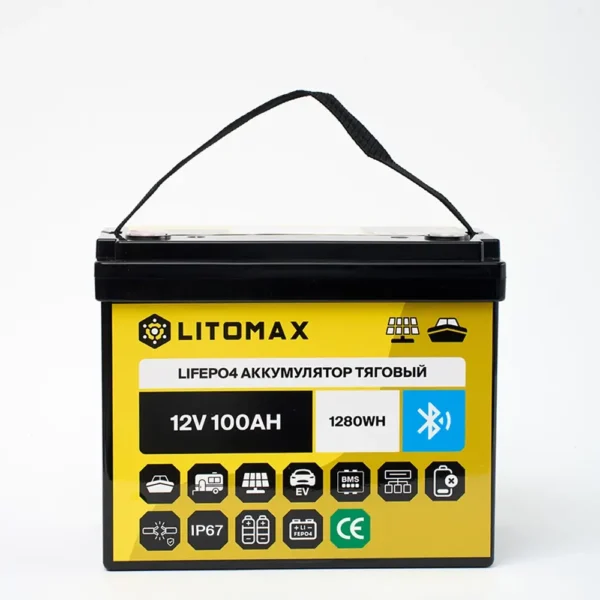 Литиевый аккумулятор тяговый LITOMAX LiFePO4 12,8V 100Ah c Bluetooth IP67 вид спереди