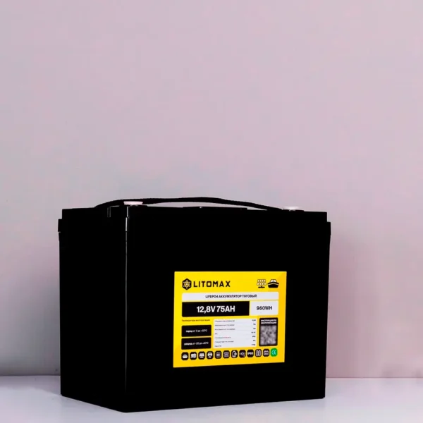 Литиевый аккумулятор тяговый LITOMAX LiFePO4 12,8V 75Ah с цветным монитором IP65 фото корпуса