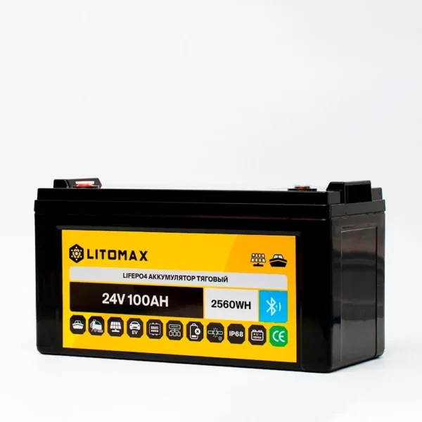 Литиевый аккумулятор тяговый LITOMAX LiFePO4 25,6V 100Ah c Bluetooth IP68 фото сбоку