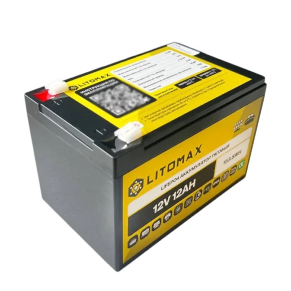 Литиевый аккумулятор тяговый LITOMAX LiFePO4 12,8V 12Ah 154Wh IP65 фото сбоку
