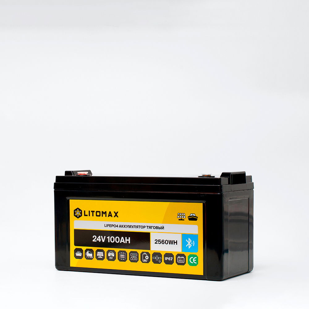 Литиевый тяговый аккумулятор ЛИТОМАКС LiFePO4 24 В 100 А·ч 2560 Вт·ч, с поддержкой Bluetooth, IP67 5 Литиевый тяговый аккумулятор ЛИТОМАКС LiFePO4 24 В 100 А·ч 2560 Вт·ч, с поддержкой Bluetooth, IP67 фото сбоку