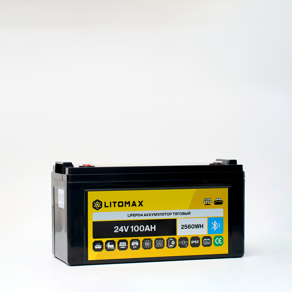 Литиевый тяговый аккумулятор ЛИТОМАКС LiFePO4 24 В 100 А·ч 2560 Вт·ч, с поддержкой Bluetooth, IP67 3 Литиевый тяговый аккумулятор ЛИТОМАКС LiFePO4 24 В 100 А·ч 2560 Вт·ч, с поддержкой Bluetooth, фото сбоку