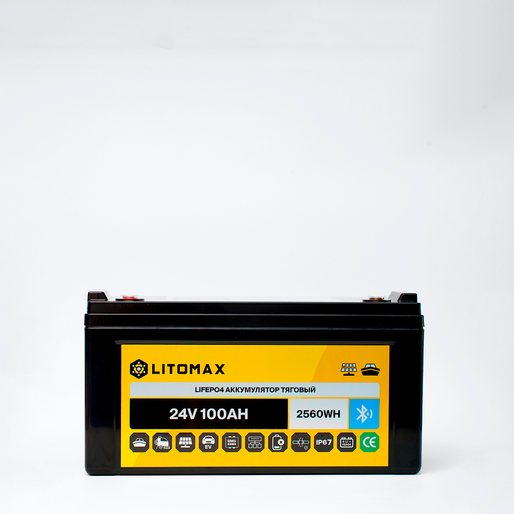 Литиевый тяговый аккумулятор ЛИТОМАКС LiFePO4 24 В 100 А·ч 2560 Вт·ч, с поддержкой Bluetooth, IP67 1 Литиевый тяговый аккумулятор ЛИТОМАКС LiFePO4 24 В 100 А·ч 2560 Вт·ч, с поддержкой Bluetooth, IP67