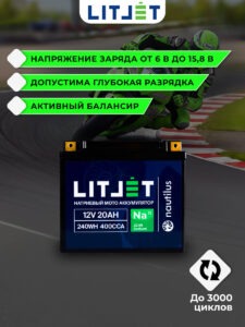 Натриевый стартовый мото аккумулятор LITJET Na+ 12V 20Ah 240Wh 400CCA инфографика