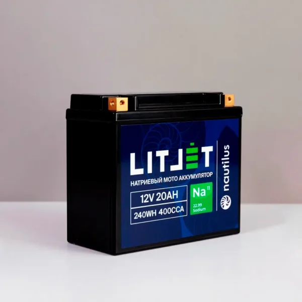 Натриевый стартовый мото аккумулятор LITJET Na+ 12V 20Ah 240Wh 400CCA YT20 R+ корпус
