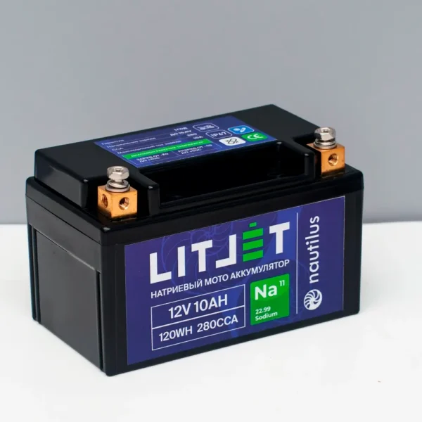 Стартовый мото аккумулятор LITJET Na+ 12V 10Ah 120Wh 280CCA YTX7A IP67 L+ вид сбоку