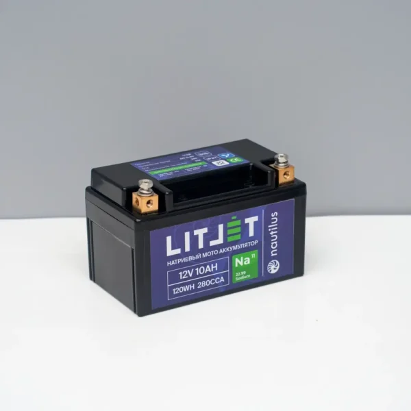 Стартовый мото аккумулятор LITJET Na+ 12V 10Ah 120Wh 280CCA L+ вид сбоку