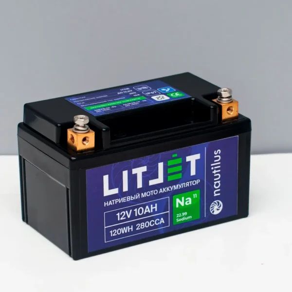 Стартовый мото аккумулятор LITJET Na+ 12V 10Ah 120Wh 280CCA YTX7A R+ корпус