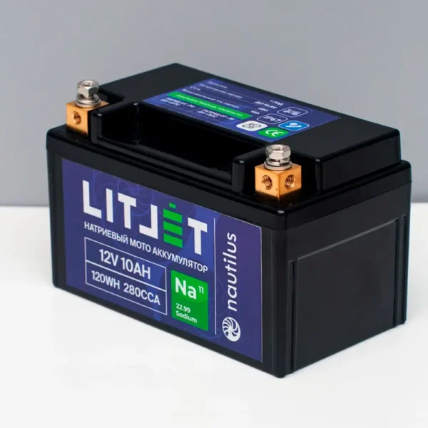 Стартовый мото аккумулятор LITJET Na+ 12V 10Ah 120Wh 280CCA YTX7A R+ фото корпуса