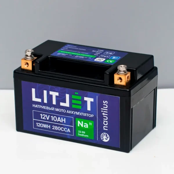 Стартовый мото аккумулятор LITJET Na+ 12V 10Ah 120Wh 280CCA YTX7A R+ вид сбоку