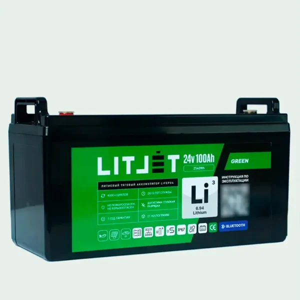 Литиевый аккумулятор тяговый LITJET GREEN LiFePO4 24V 100Ah 2560Wh с Bluetooth IP67 корпус