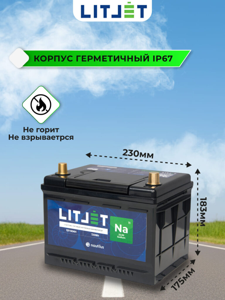 Натриевый стартово-тяговой аккумулятор ЛИТДЖЕТ Na+ 12 В 60 А·ч 720 Вт·ч 1800 А 8 Натриевый стартово — тяговый аккумулятор ЛИТДЖЕТ Na+ 12V 60Ah 720Wh инфографика