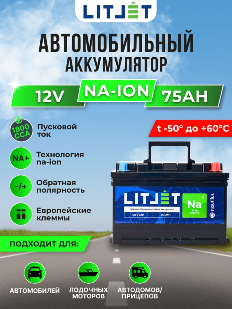 стартово — тяговый аккумулятор ЛИТДЖЕТ Na+ 12V 75Ah инфографика