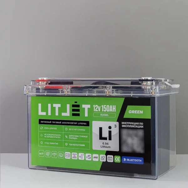 Литиевый аккумулятор тяговый LITJET GREEN LiFePO4 12V 150Ah 1920Wh с BT Glass Case фото сбоку
