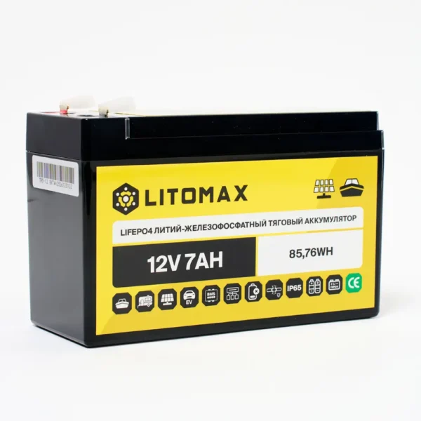 Литиевый аккумулятор тяговый LITOMAX LiFePO4 12V 7Ah 85.76Wh F2 IP65 фото