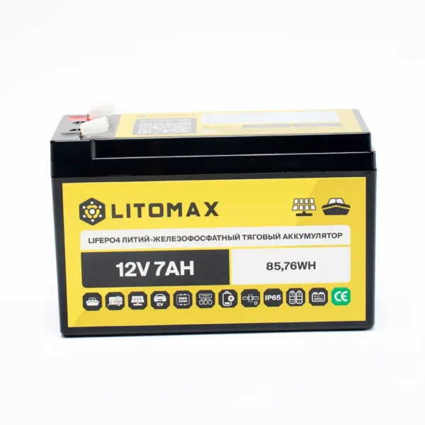 Литиевый аккумулятор тяговый LITOMAX LiFePO4 12V 7Ah 85.76Wh F2 IP65 фото спереди