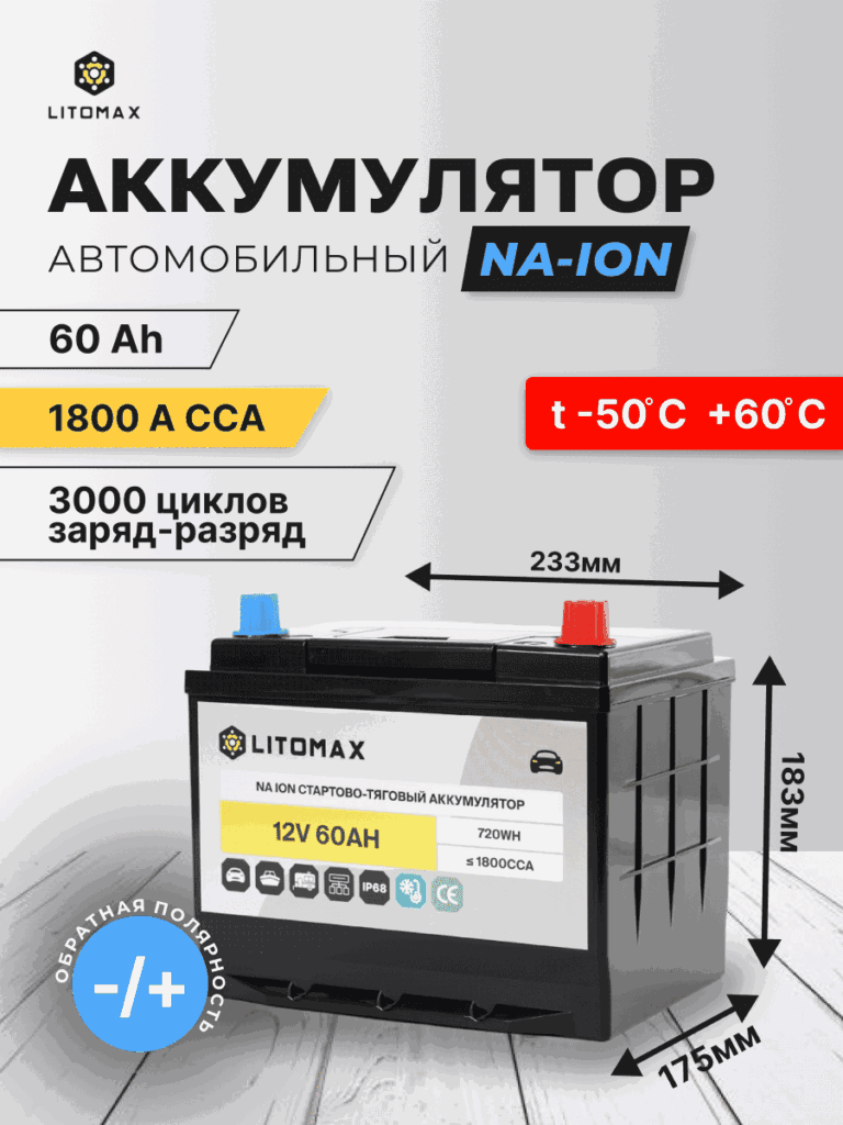 Натриевый стартово-тяговой аккумулятор ЛИТОМАКС Na+ 12 В 60 А·ч 720 Вт·ч 1800 А IP68 R+ инфографика