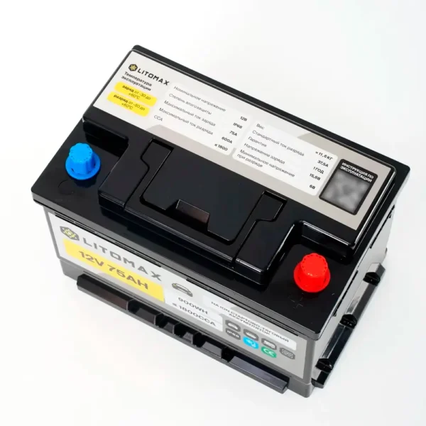 Натриевый стартово/тяговый аккумулятор LITOMAX Na+ 12V 75Ah 1800CCA R+ IP68 фото сверху
