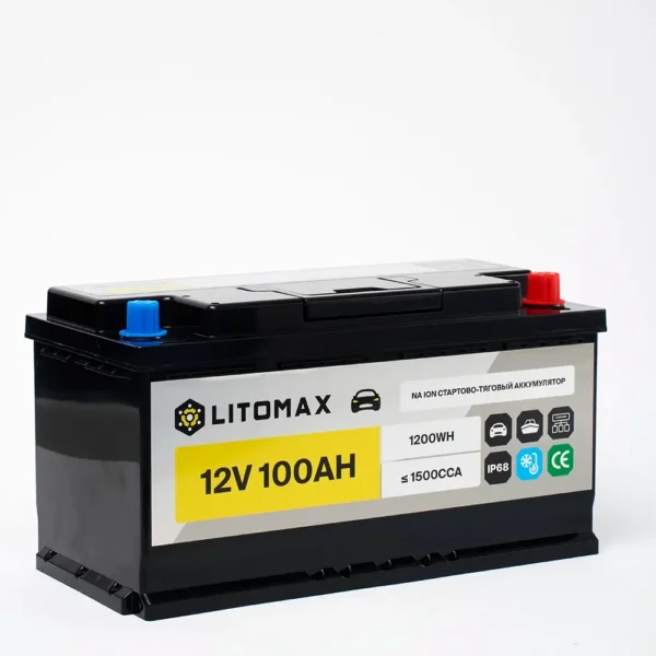 Натриевый стартово/тяговый аккумулятор LITOMAX Na+12V 100Ah 1500CCA IP68 R+ фото