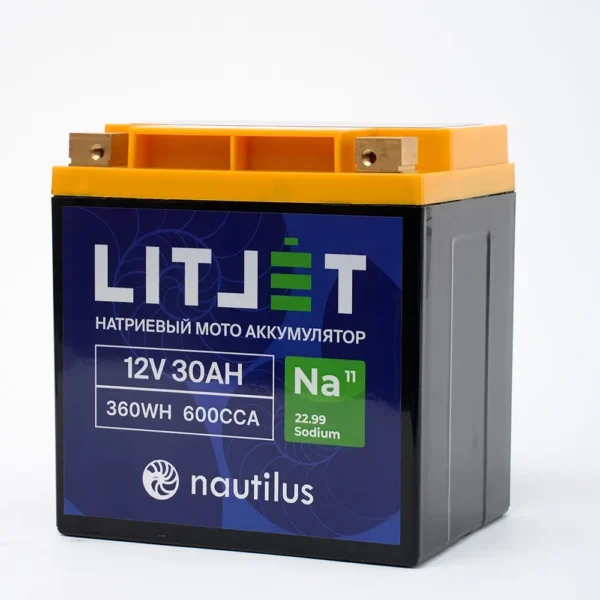 Натриевый стартовый мото аккумулятор LITJET Na+12V 30Ah вид сбоку