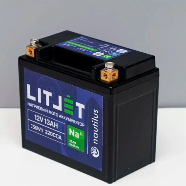 Натриевый стартовый мото аккумулятор LITJET Na+ 12V 13Ah 156Wh 220CCA YTX14A L+ корпус фото