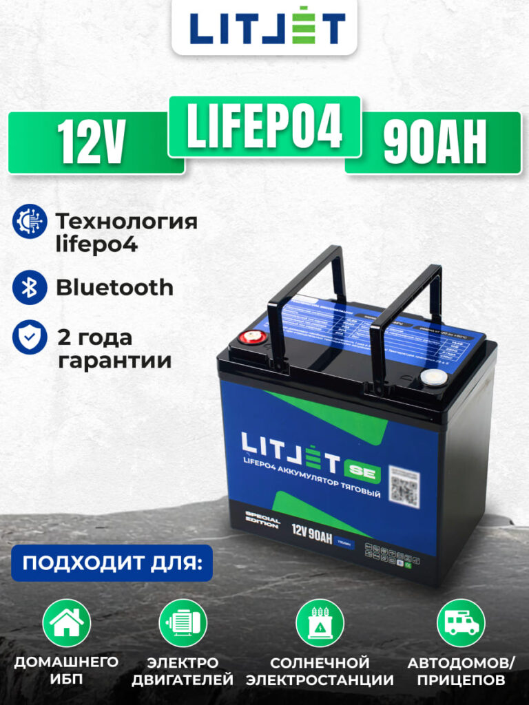 Литиевый аккумулятор ЛИТДЖЕТ SE, LiFePO4 12 В 90 А·ч, 1152 Вт·ч, с поддержкой Bluetooth инфографика