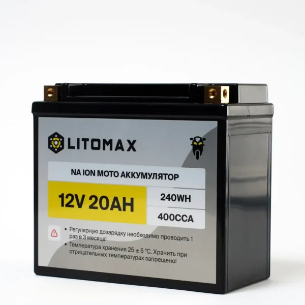 Натриевый стартовый мото аккумулятор LITOMAX Na+12V 20Ah 240Wh 400CCA YT20 R+ фото