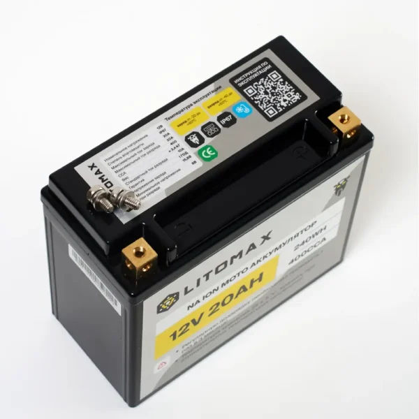 Натриевый стартовый мото аккумулятор LITOMAX Na+12V 20Ah 240Wh 400CCA YT20 R+ IP67 вид сверху