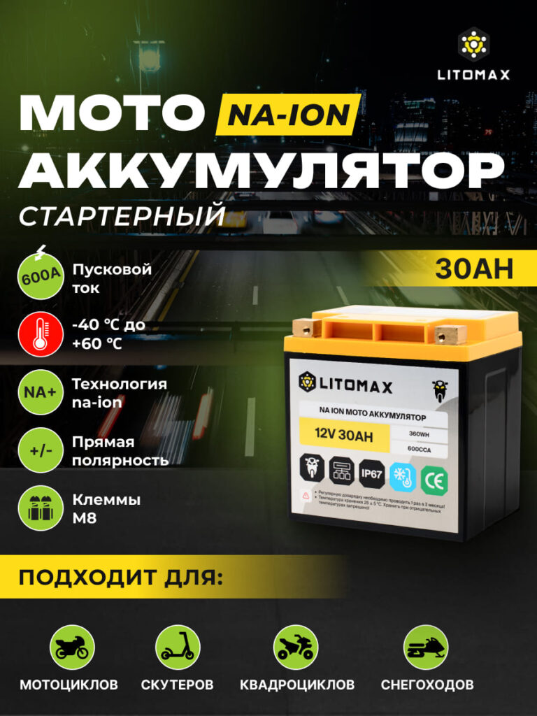 Натриевый стартовый аккумулятор ЛИТОМАКС Na+ 12V 30Ah 360Wh 600CCA R+ IP67 инфографика