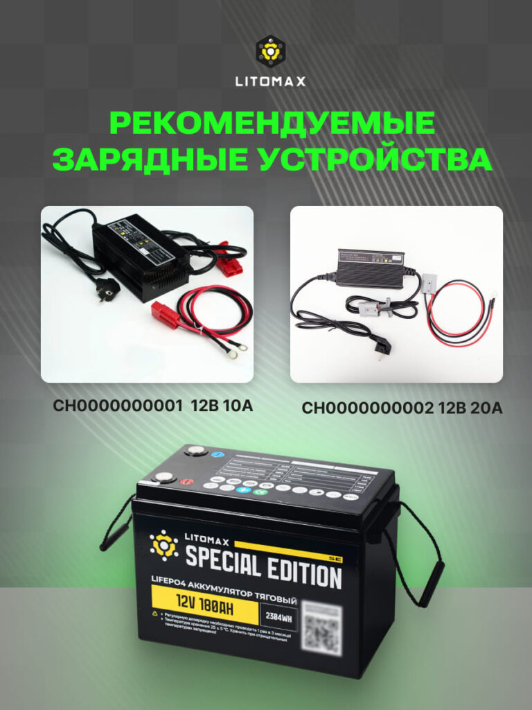 Литиевый аккумулятор ЛИТОМАКС серии SE LiFePO4 12 В 180 А·ч, 2304 Вт·ч, с поддержкой Bluetooth инфографика