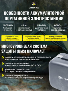 Портативная электростанция аккумуляторная ЛИТОМАКС 1005 Wh 300W инфографика фото 4