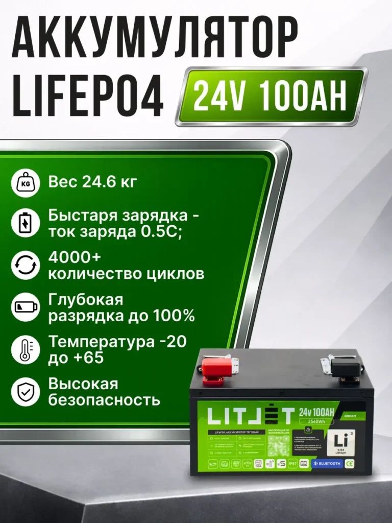 аккумулятор тяговый ЛИТДЖЕТ серии GREEN 24 В 100 А·ч 2560 Вт·ч с Bluetooth и BMS 150 A, IP67, металлический корпус инфографика