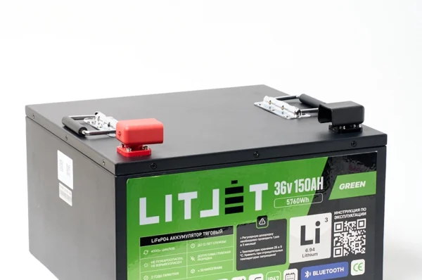 Литиевый тяговый аккумулятор ЛИТДЖЕТ серии GREEN LiFePO4 36 В 150 А·ч 5760 Вт·ч с Bluetooth и BMS 150 A металлический корпус фото