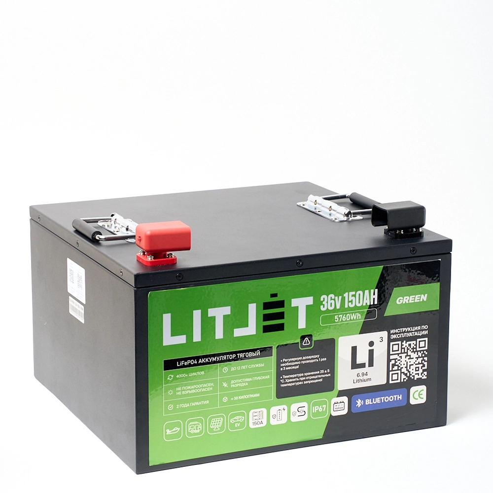 Литиевый тяговый аккумулятор ЛИТДЖЕТ серии GREEN LiFePO4 36 В 150 А·ч 5760 Вт·ч с Bluetooth и BMS 150 A металлический корпус фото