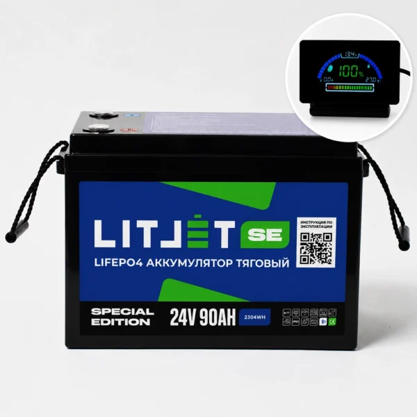 Литиевый тяговый аккумулятор ЛИТДЖЕТ серии SE LiFePO4, 24 В, 90 А·ч, Bluetooth BMS 90 А, дисплей LCD07, степень защиты IP65 фото монитора
