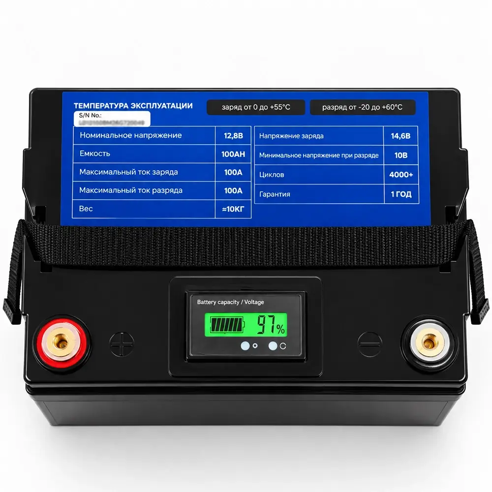 Литиевый тяговый аккумулятор LITOMAX серии SE LiFePO4 12В 100Ач монитор BMS 100A IP65 3 Литиевый тяговый аккумулятор LITOMAX серии SE LiFePO4 12В 100Ач монитор BMS 100A IP65 фото сверху